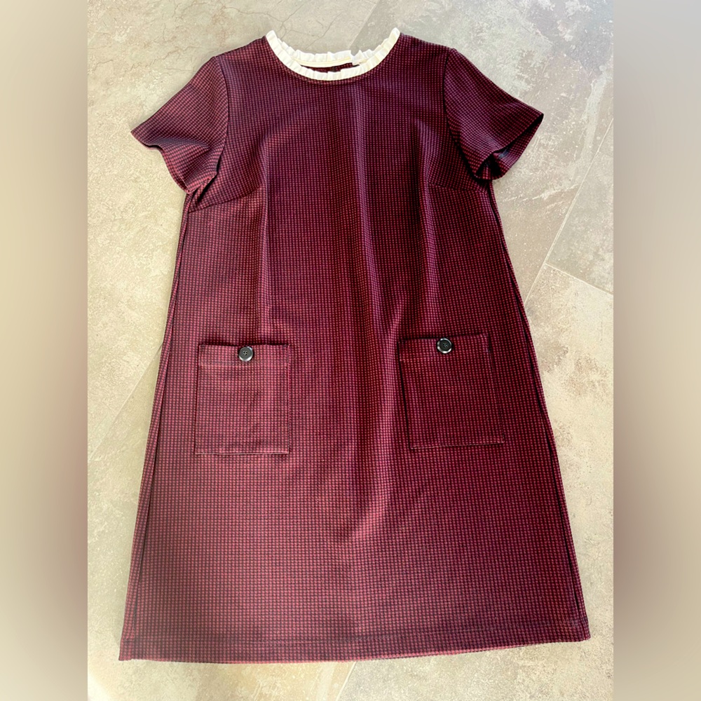 LOFT Burgundy/Black Houndstooth Checked Knit Shift Dress Size: 10